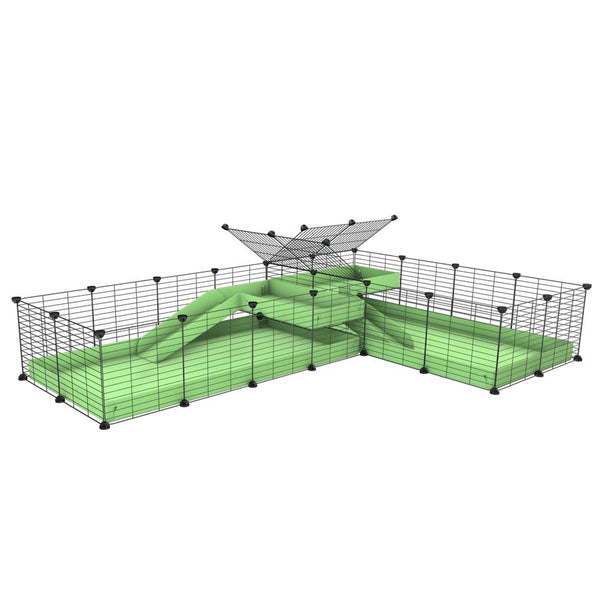 A 8x2 L-shape C&C cage with divider and loft ramp for guinea pig fighting or quarantine with green coroplast from brand kavee