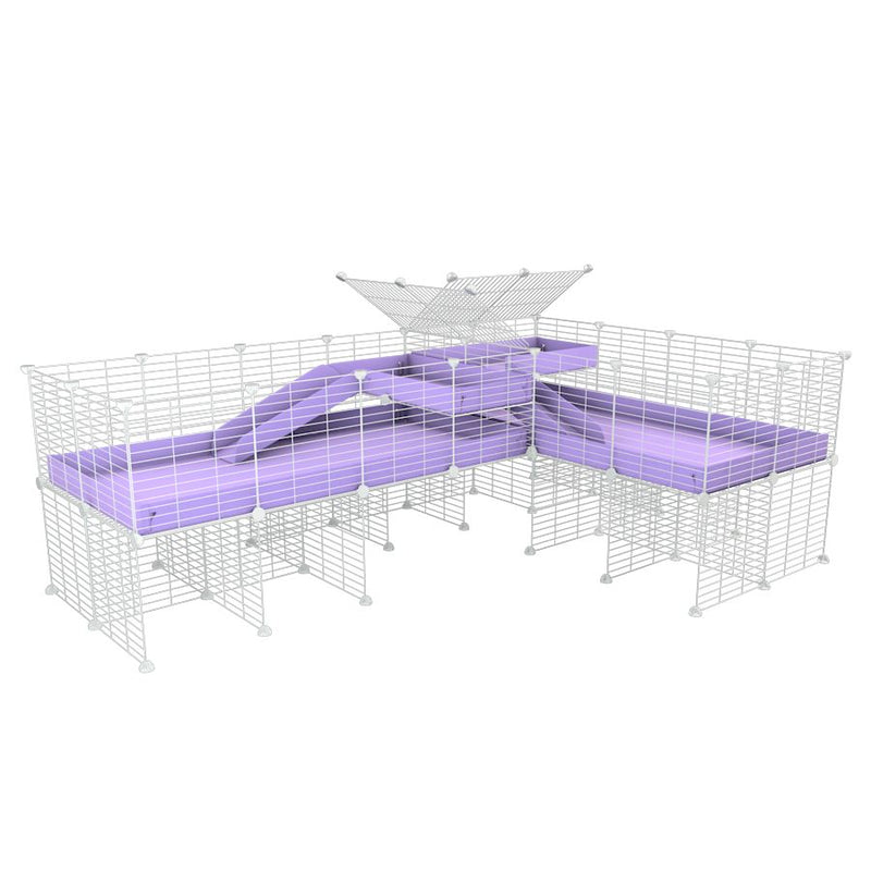 A 8x2 L-shape white C&C cage with divider and stand loft ramp for guinea pig fighting or quarantine with lilac correx from brand kavee