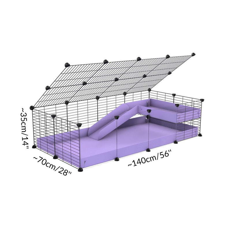 Size of a 4x2 C&C guinea pig cage with clear transparent plexiglass acrylic panels  with a loft and a ramp purple lilac pastel coroplast sheet and baby bars by kavee