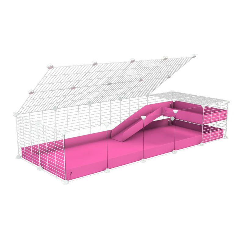 a 2x5 C and C guinea pig cage with clear transparent plexiglass acrylic panels  with loft ramp lid small hole size white grids pink coroplast kavee