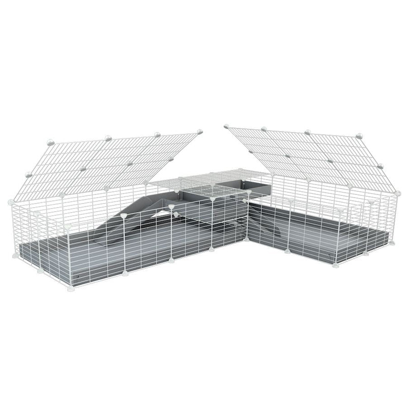 A 8x2 L-shape white C&C cage with lid divider loft ramp for guinea pig fighting or quarantine with gray coroplast from brand kavee