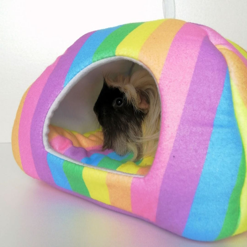 a guinea pig using a hidey house made of rainbow fleece by kavee