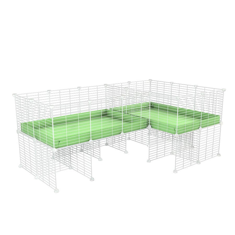 A 6x2 L-shape white C&C cage with divider and stand for guinea pig fighting or quarantine with green coroplast from brand kavee
