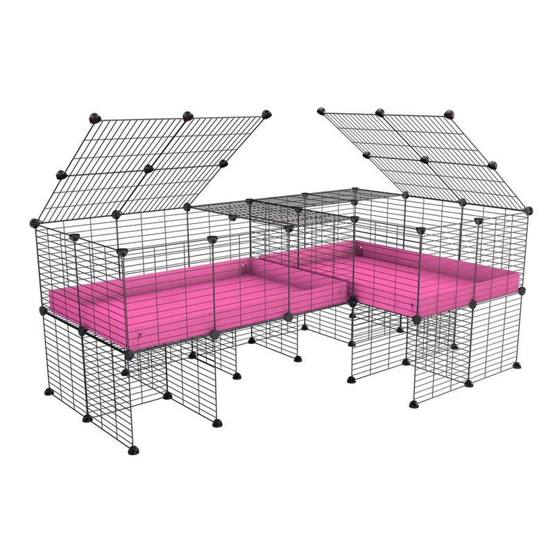 A 6x2 L-shape C&C cage with lid divider stand for guinea pig fighting or quarantine with pink coroplast from brand kavee