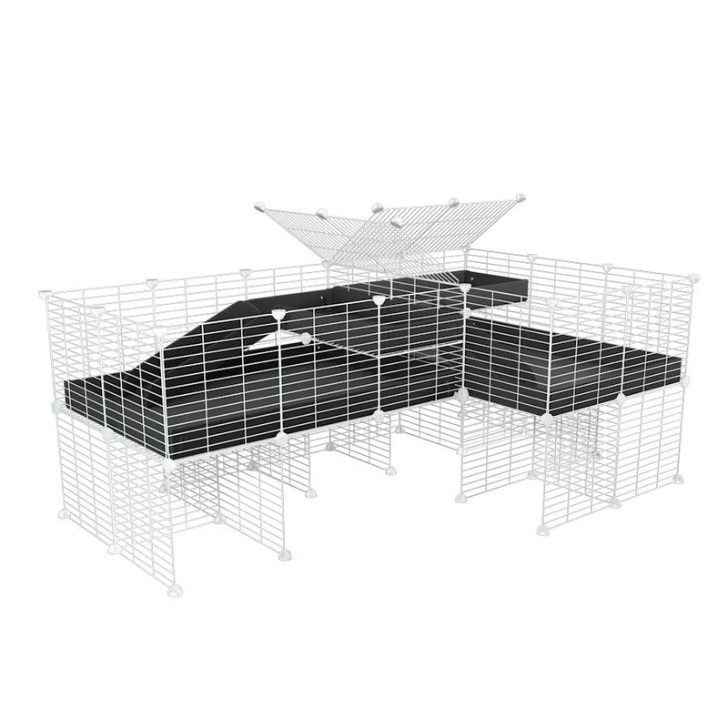 A 6x2 L-shape white C&C cage with divider and stand loft ramp for guinea pig fighting or quarantine with black coroplast from brand kavee