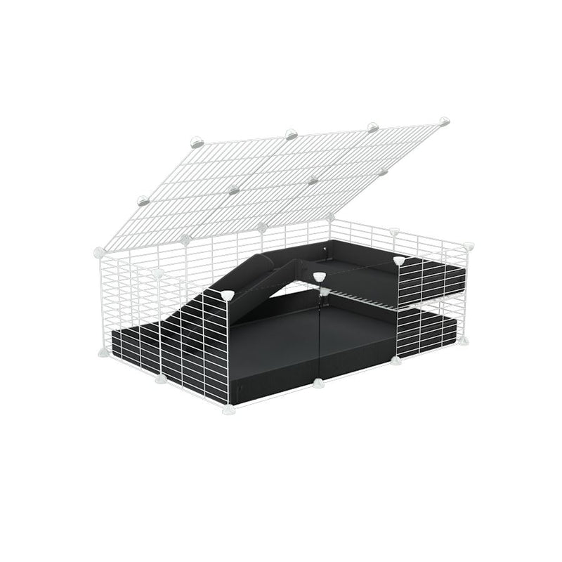 a 2x3 C and C guinea pig cage with clear transparent plexiglass acrylic panels  with loft ramp lid small hole size white C&C grids black coroplast kavee