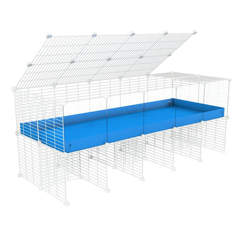 a 5x2 C&C cage with clear transparent perspex acrylic windows  for guinea pigs with a stand and a top blue plastic safe white C&C grids by kavee