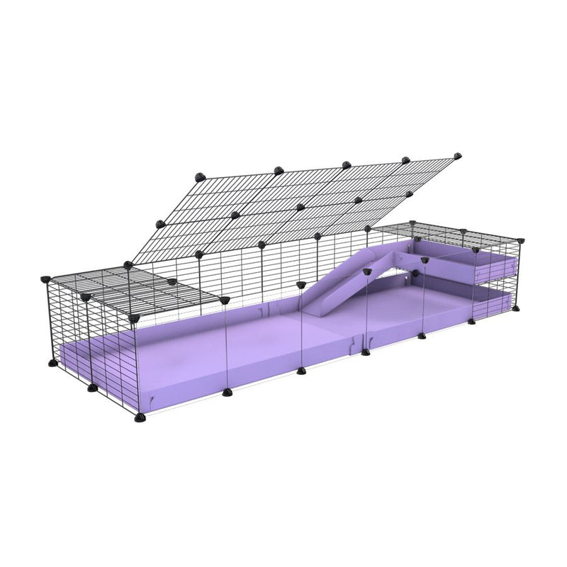 a 2x6 C and C guinea pig cage with clear transparent plexiglass acrylic panels  with loft ramp lid small hole size grids purple lilac pastel coroplast kavee
