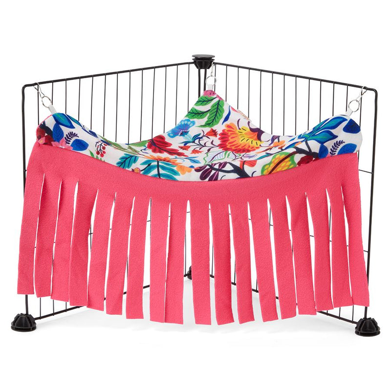  a guinea pig corner curtain hung on C&C cage made of pink flowers fleece by  kavee 