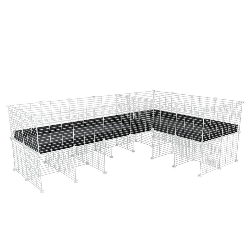 A 8x2 L-shape white C&C cage with divider and stand for guinea pig fighting or quarantine with black coroplast from brand kavee