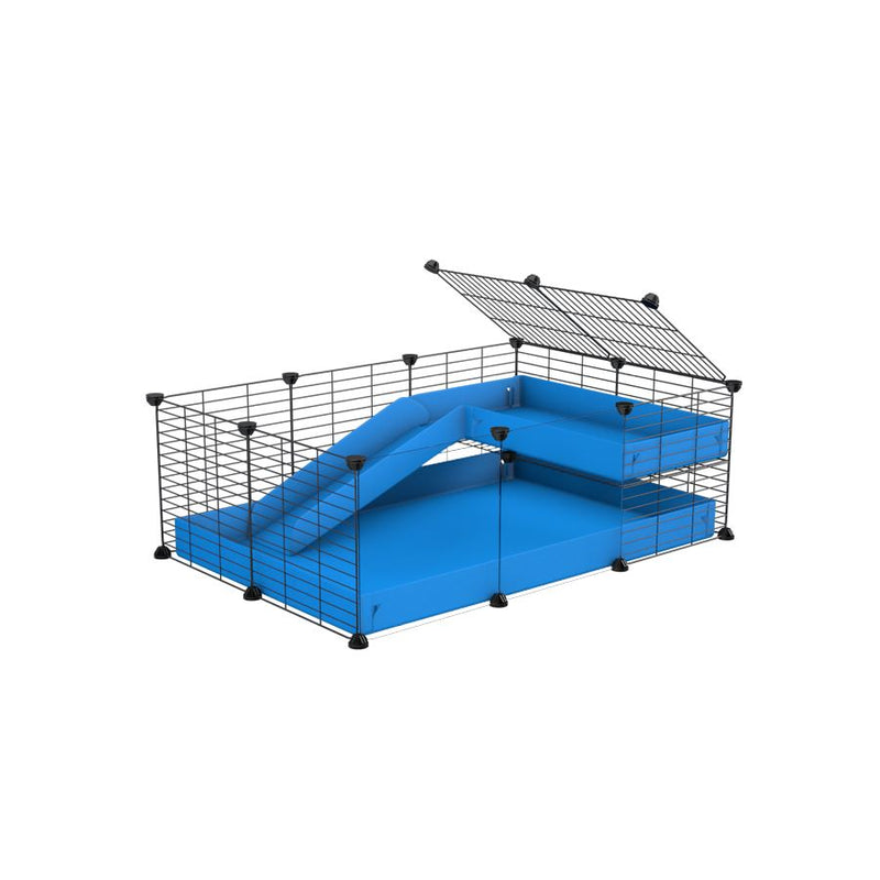 a 3x2 C&C guinea pig cage with clear transparent plexiglass acrylic panels  with a loft and a ramp blue coroplast sheet and baby bars by kavee