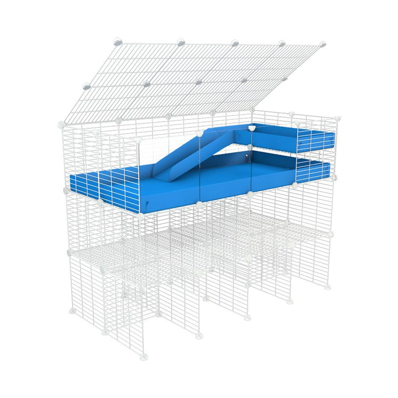 A 4x2 kavee blue C&C guinea pig cage with clear transparent plexiglass acrylic panels  with a lid three levels a loft a ramp made of small size hole safe white grids