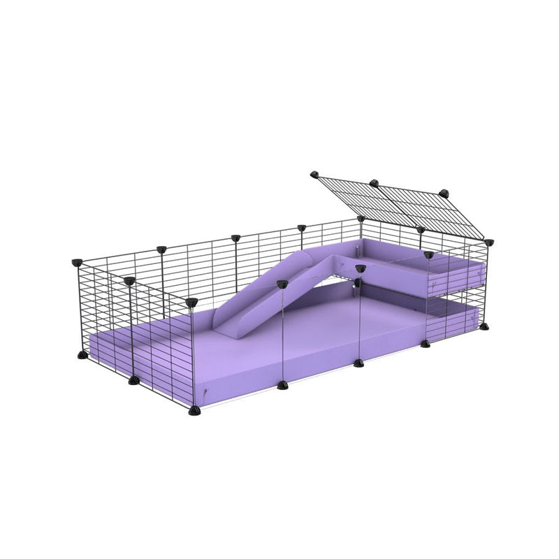 a 4x2 C&C guinea pig cage with clear transparent plexiglass acrylic panels  with a loft and a ramp purple lilac pastel coroplast sheet and baby bars by kavee