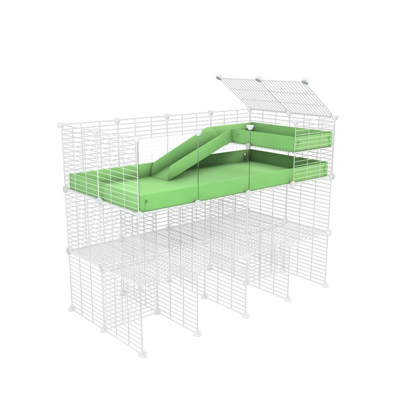 A 4x2 kavee green C&C guinea pig cage with clear transparent plexiglass acrylic panels  with three levels a loft a ramp made of small size hole safe white C and C grids