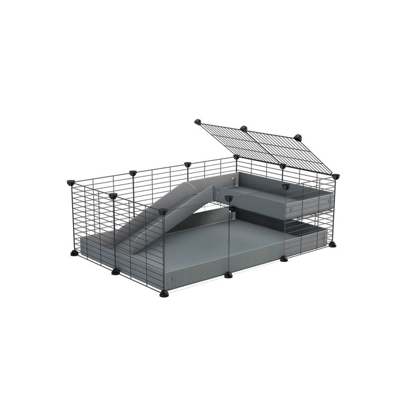 a 3x2 C&C guinea pig cage with clear transparent plexiglass acrylic panels  with a loft and a ramp gray coroplast sheet and baby bars by kavee
