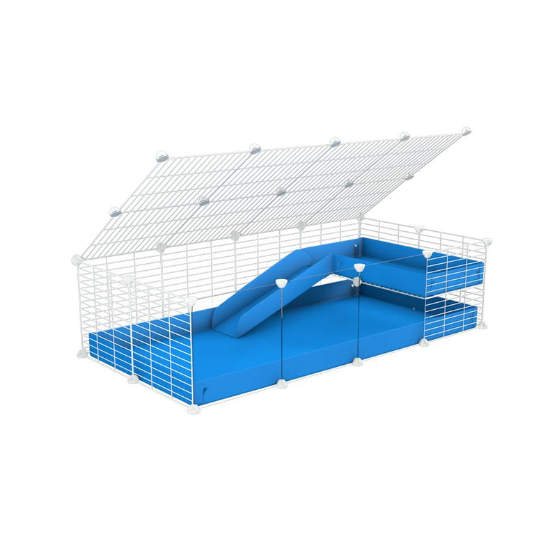 a 2x4 C and C guinea pig cage with clear transparent plexiglass acrylic panels  with loft ramp lid small hole size white C&C grids blue coroplast kavee