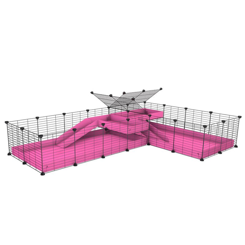A 8x2 L-shape C&C cage with divider and loft ramp for guinea pig fighting or quarantine with pink coroplast from brand kavee