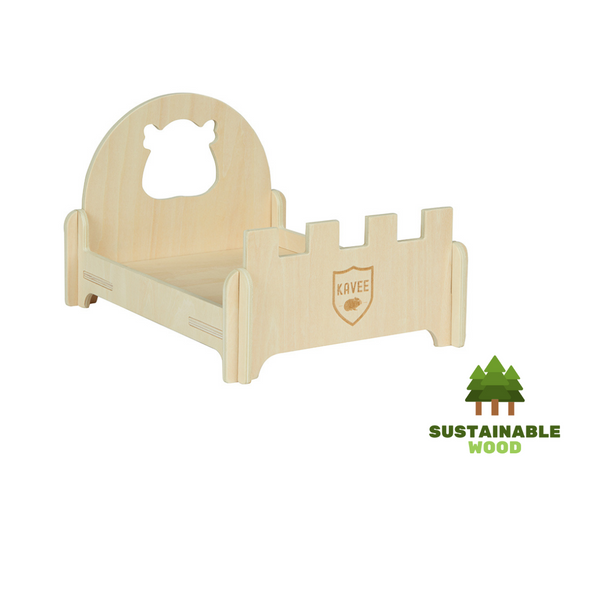 side view of a kavee fsc wooden guinea pig bed with kavee logo engraved and guinea pig cut out on headboard