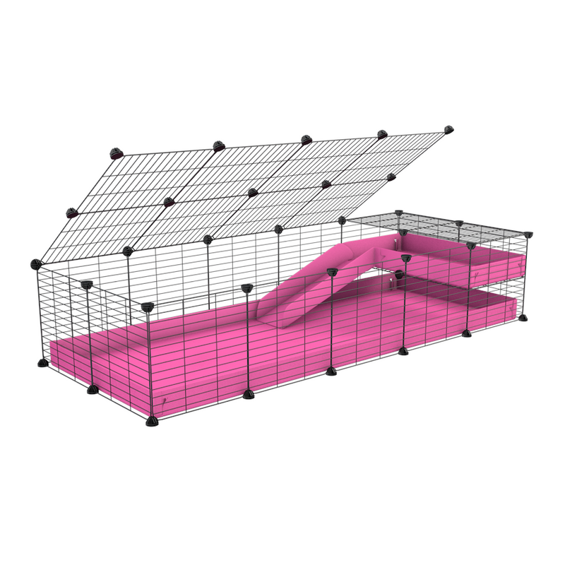 a 2x5 C and C guinea pig cage with loft ramp lid small hole size grids pink coroplast kavee