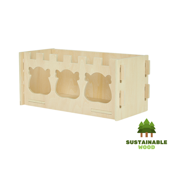 Front view of a wooden hay rack for guinea pigs from the brand kavee made from FSC Wood and featuring guinea pig cutouts