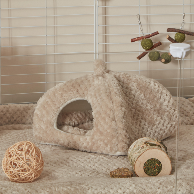 a kavee taupe hidey house on top of a kavee taupe fleece liner