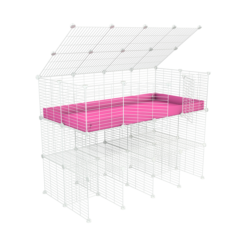 a tall 4x2 C&C guinea pigs cage with a double stand pink coroplast a lid and safe small hole white CC grids sold in USA by kavee