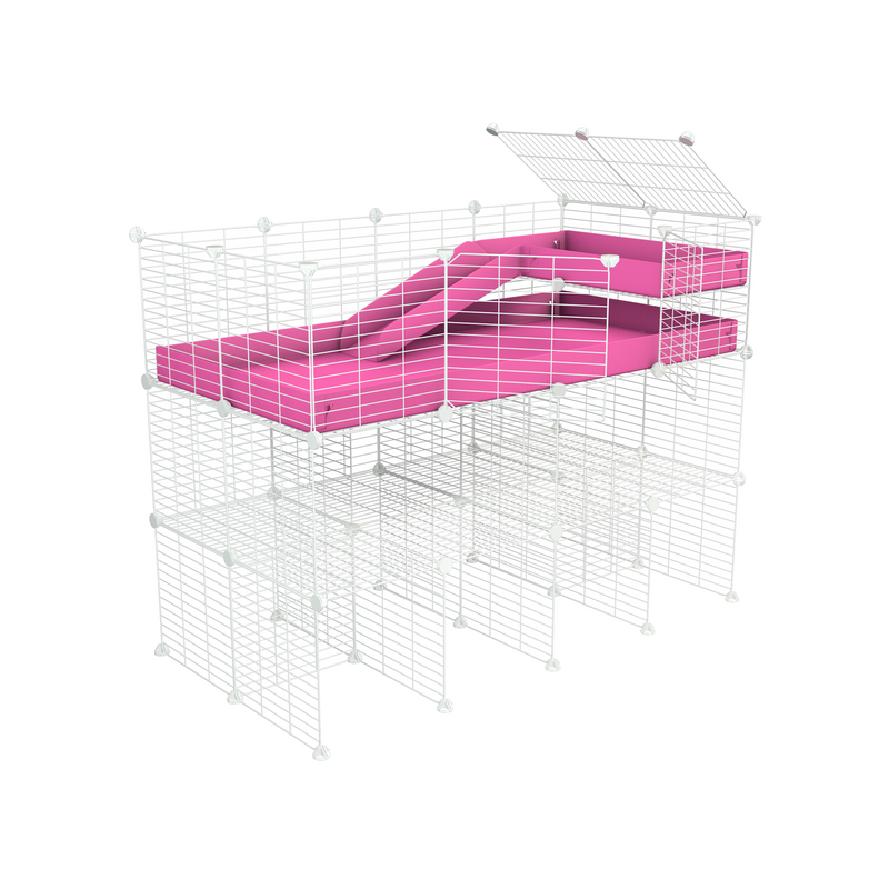 A 2x4 kavee pink C and C guinea pig cage with three levels a loft a ramp made of small size meshing safe white CC grids