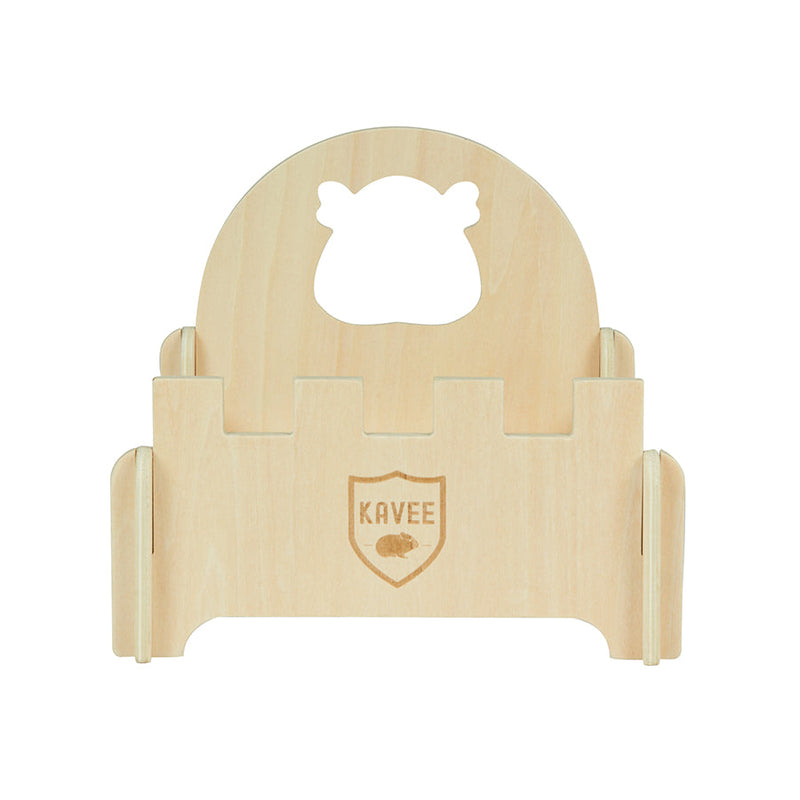 front view of a kavee fsc wooden guinea pig bed with kavee logo and guinea pig cut-out on headboard
