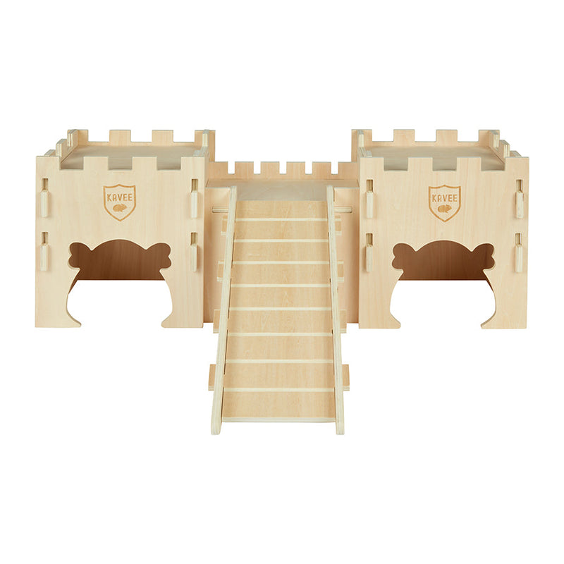 a large fsc wooden castle for guinea pigs with guinea pigs cut-out windows a ramp carrot cut-out and battlements from kavee