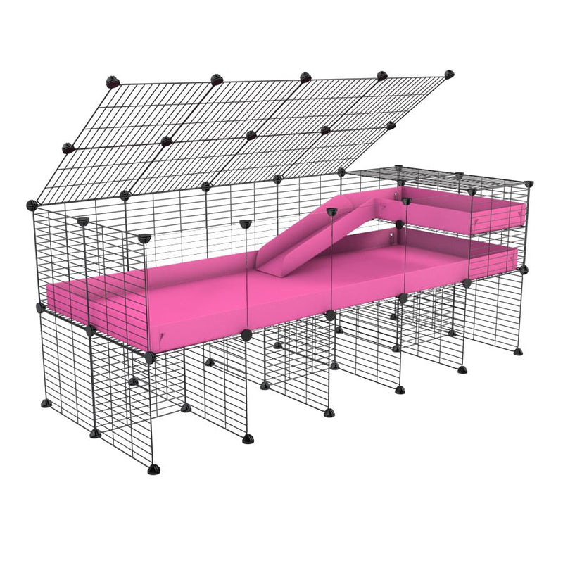 A 2x5 C and C guinea pig cage with clear transparent plexiglass acrylic panels  with stand loft ramp lid small size meshing safe grids pink correx sold in USA