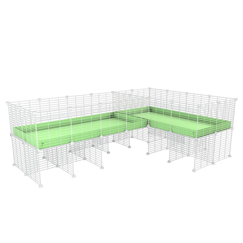A 8x2 L-shape white C&C cage with divider and stand for guinea pig fighting or quarantine with green coroplast from brand kavee