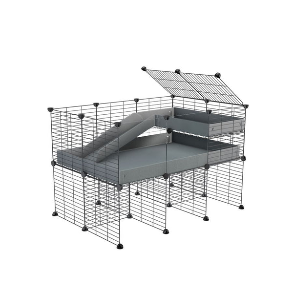 a 3x2 CC guinea pig cage with clear transparent plexiglass acrylic panels  with stand loft ramp small mesh grids gray corroplast by brand kavee
