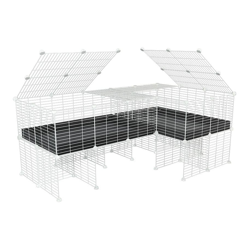 A 6x2 L-shape white C&C cage with lid divider stand for guinea pig fighting or quarantine with black coroplast from brand kavee