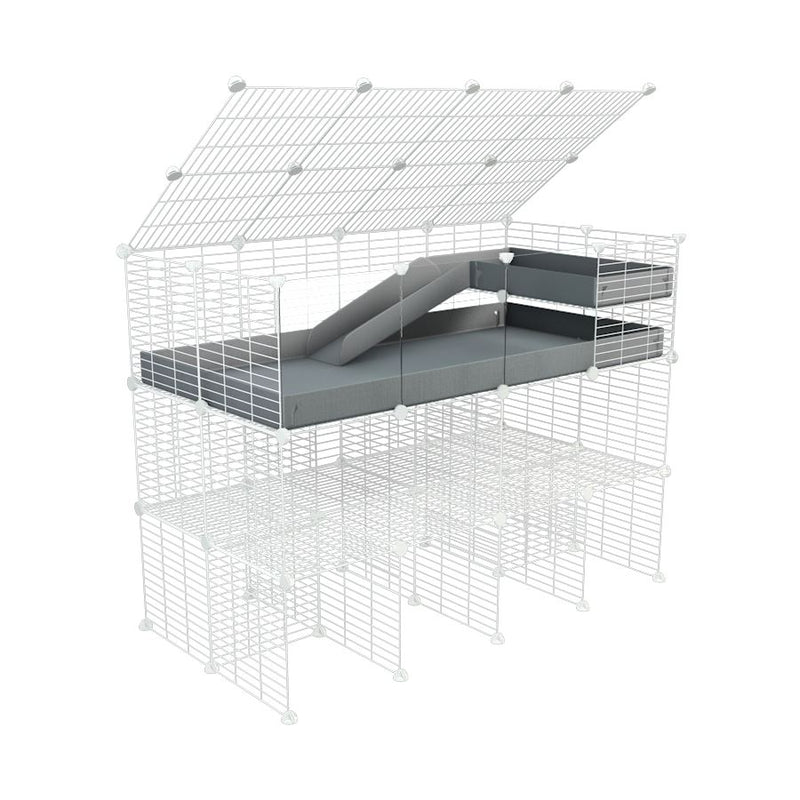 A 4x2 kavee gray C&C guinea pig cage with clear transparent plexiglass acrylic panels  with a lid three levels a loft a ramp made of small size hole safe white grids