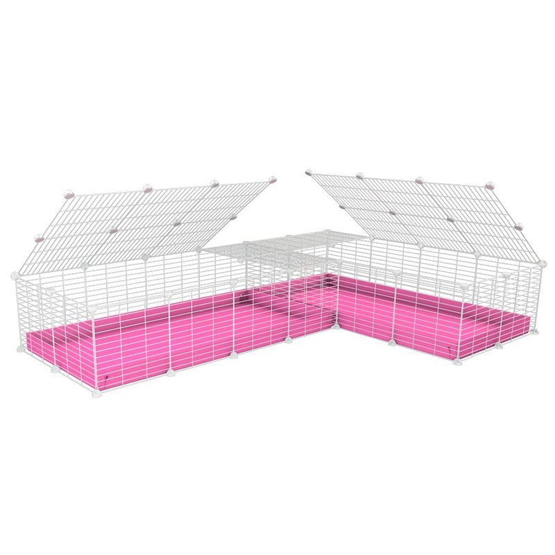 A 8x2 L-shape white C&C cage with lid divider for guinea pig fighting or quarantine with pink coroplast from brand kavee