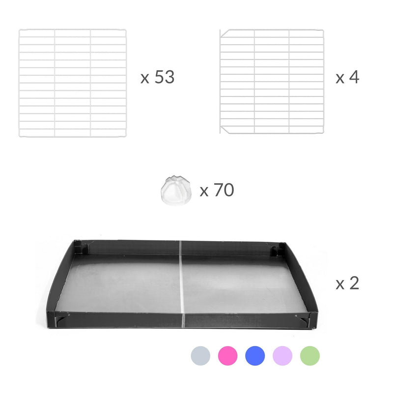 Components of a 6x2 C&C cage for guinea pigs with a stand and a top gray plastic safe white grids by kavee