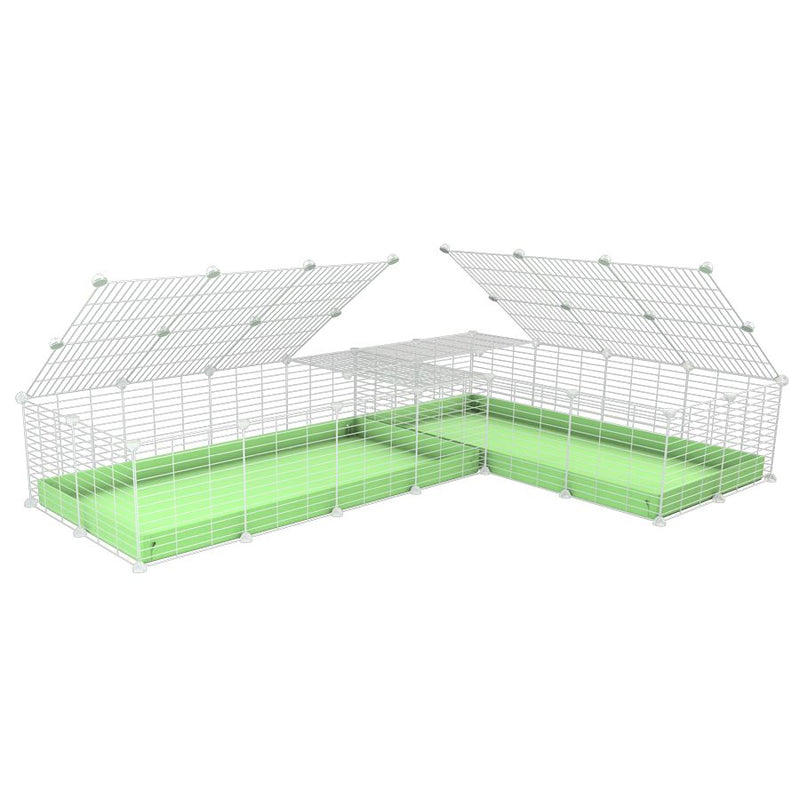 A 8x2 L-shape white C&C cage with lid divider for guinea pig fighting or quarantine with green coroplast from brand kavee