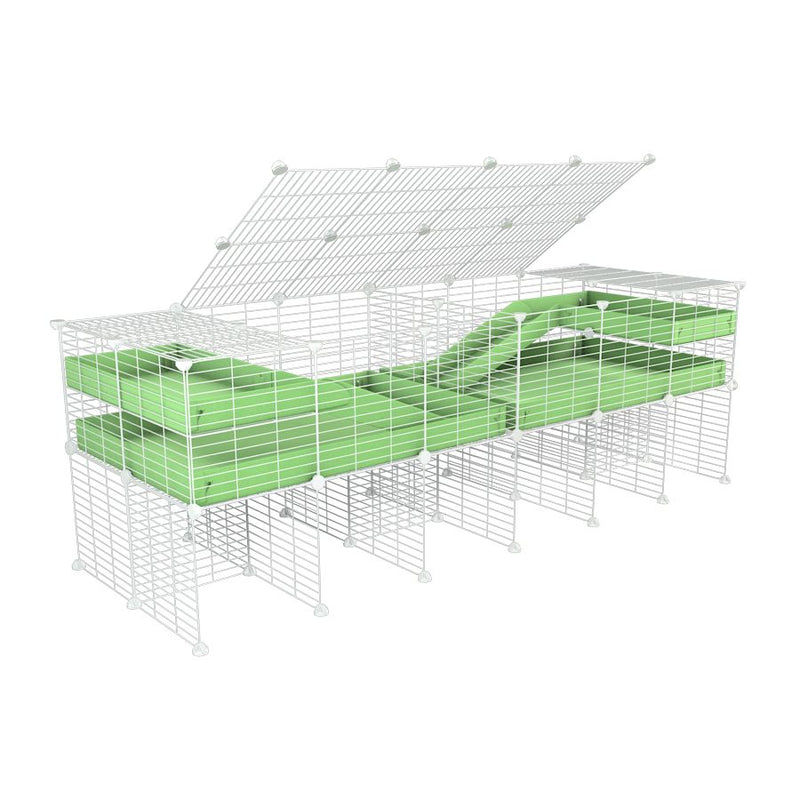 A 6x2 white C&C cage with lid divider stand loft ramp for guinea pig fighting or quarantine with green coroplast from brand kavee