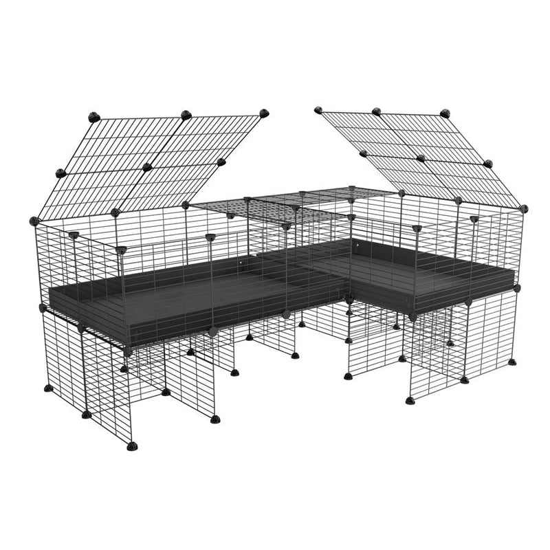A 6x2 L-shape C&C cage with lid divider stand for guinea pig fighting or quarantine with black coroplast from brand kavee