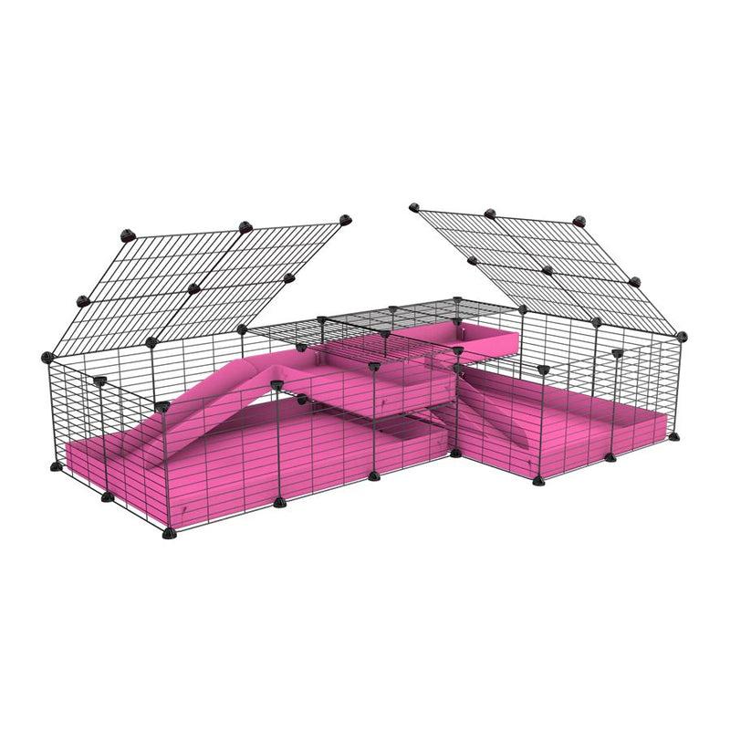 A 6x2 L-shape C&C cage with lid divider loft ramp for guinea pig fighting or quarantine with pink coroplast from brand kavee