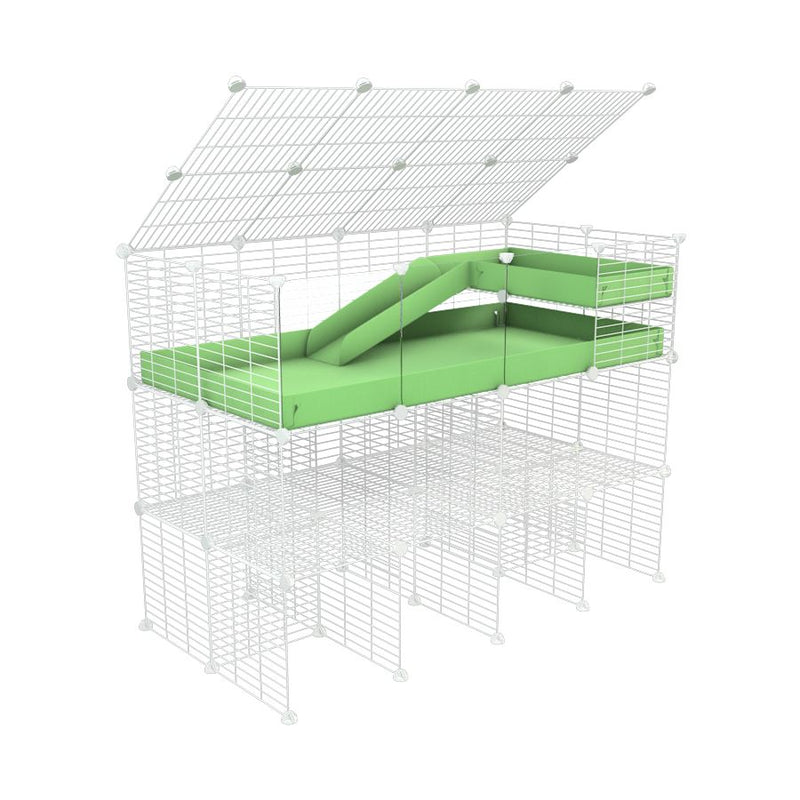 A 4x2 kavee green C&C guinea pig cage with clear transparent plexiglass acrylic panels  with a lid three levels a loft a ramp made of small size hole safe white grids