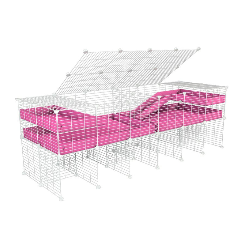 A 6x2 white C&C cage with lid divider stand loft ramp for guinea pig fighting or quarantine with pink coroplast from brand kavee