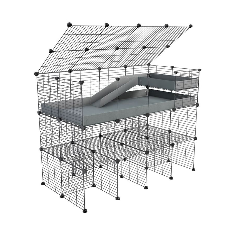 A 2x4 kavee gray CC guinea pig cage with clear transparent plexiglass acrylic panels  with three levels a loft a ramp a lid made of baby bars safe grids