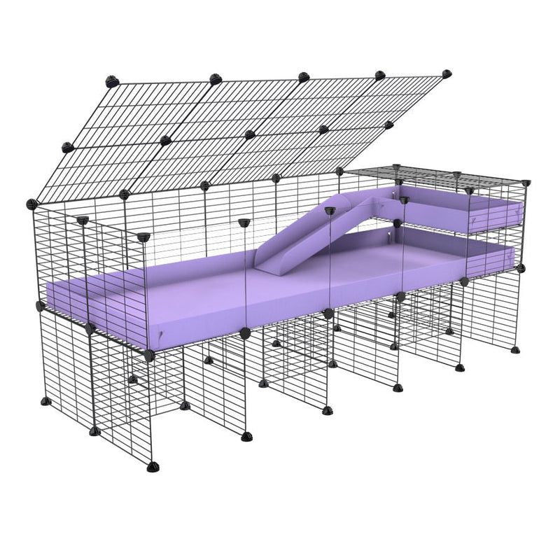 A 2x5 C and C guinea pig cage with clear transparent plexiglass acrylic panels  with stand loft ramp lid small size meshing safe grids purple lilac pastel correx sold in USA
