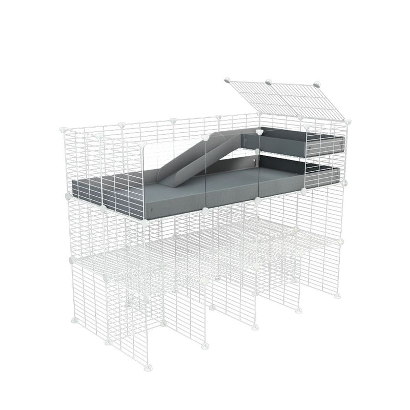 A 4x2 kavee gray CC guinea pig cage with clear transparent plexiglass acrylic panels  with three levels a loft a ramp made of small size hole safe white CC grids