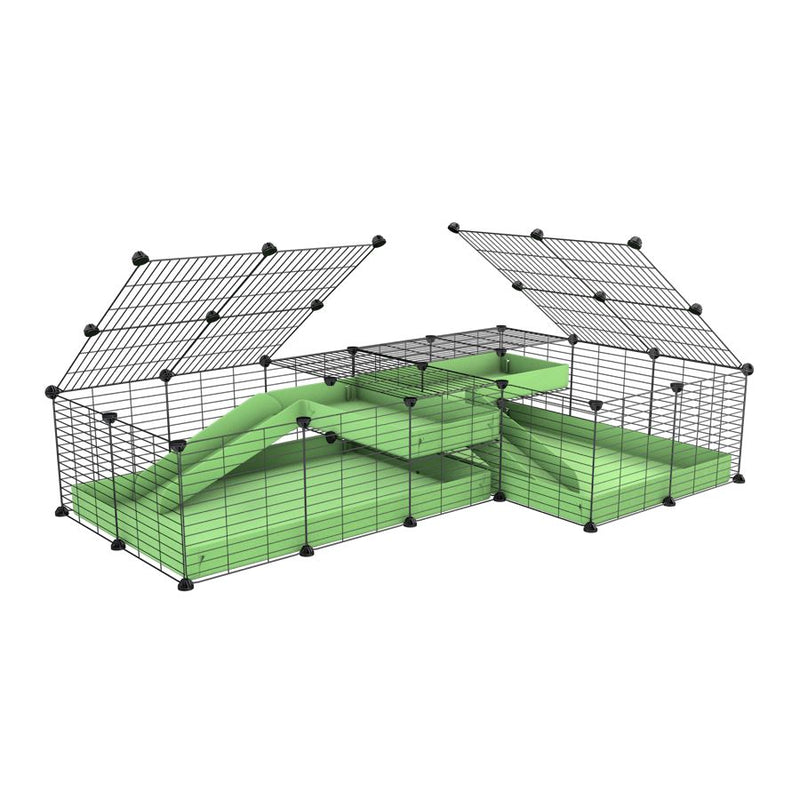 A 6x2 L-shape C&C cage with lid divider loft ramp for guinea pig fighting or quarantine with green coroplast from brand kavee
