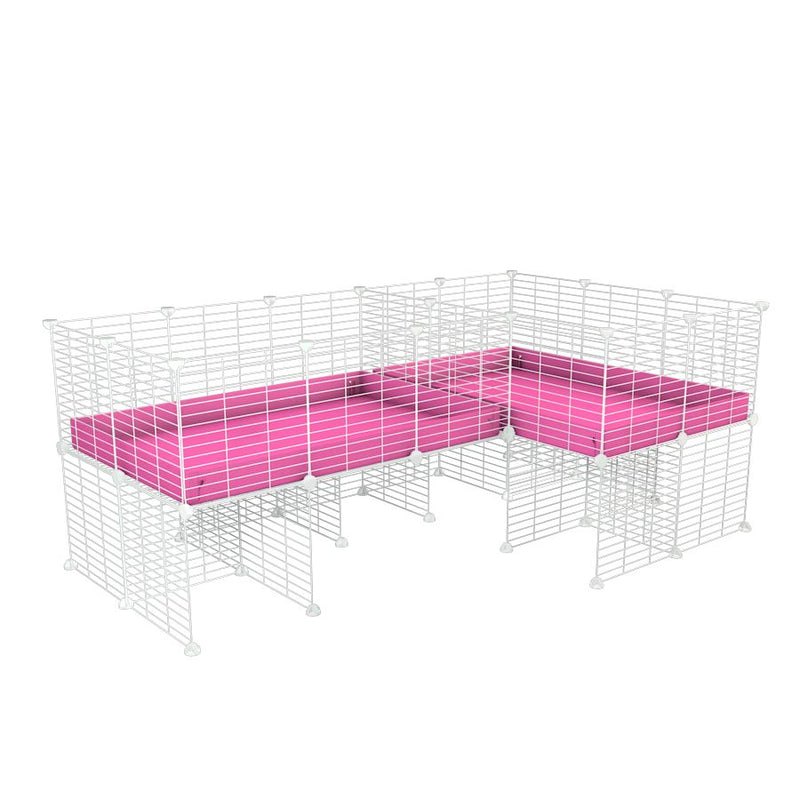 A 6x2 L-shape white C&C cage with divider and stand for guinea pig fighting or quarantine with pink coroplast from brand kavee