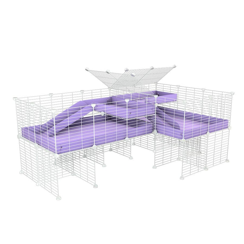 A 6x2 L-shape white C&C cage with divider and stand loft ramp for guinea pig fighting or quarantine with lilac coroplast from brand kavee