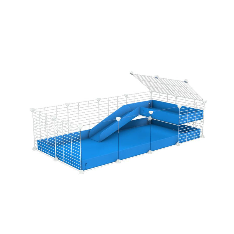 a 4x2 C&C guinea pig cage with clear transparent plexiglass acrylic panels  with a loft and a ramp blue coroplast sheet and baby bars white C and C grids by kavee