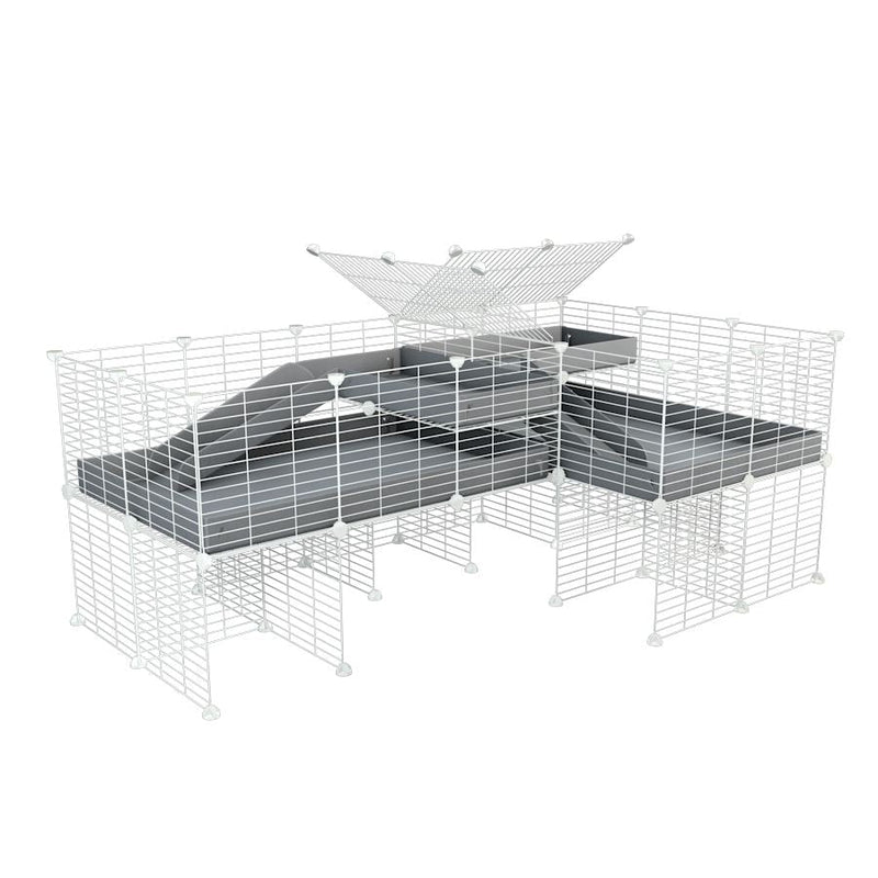 A 6x2 L-shape white C&C cage with divider and stand loft ramp for guinea pig fighting or quarantine with gray coroplast from brand kavee